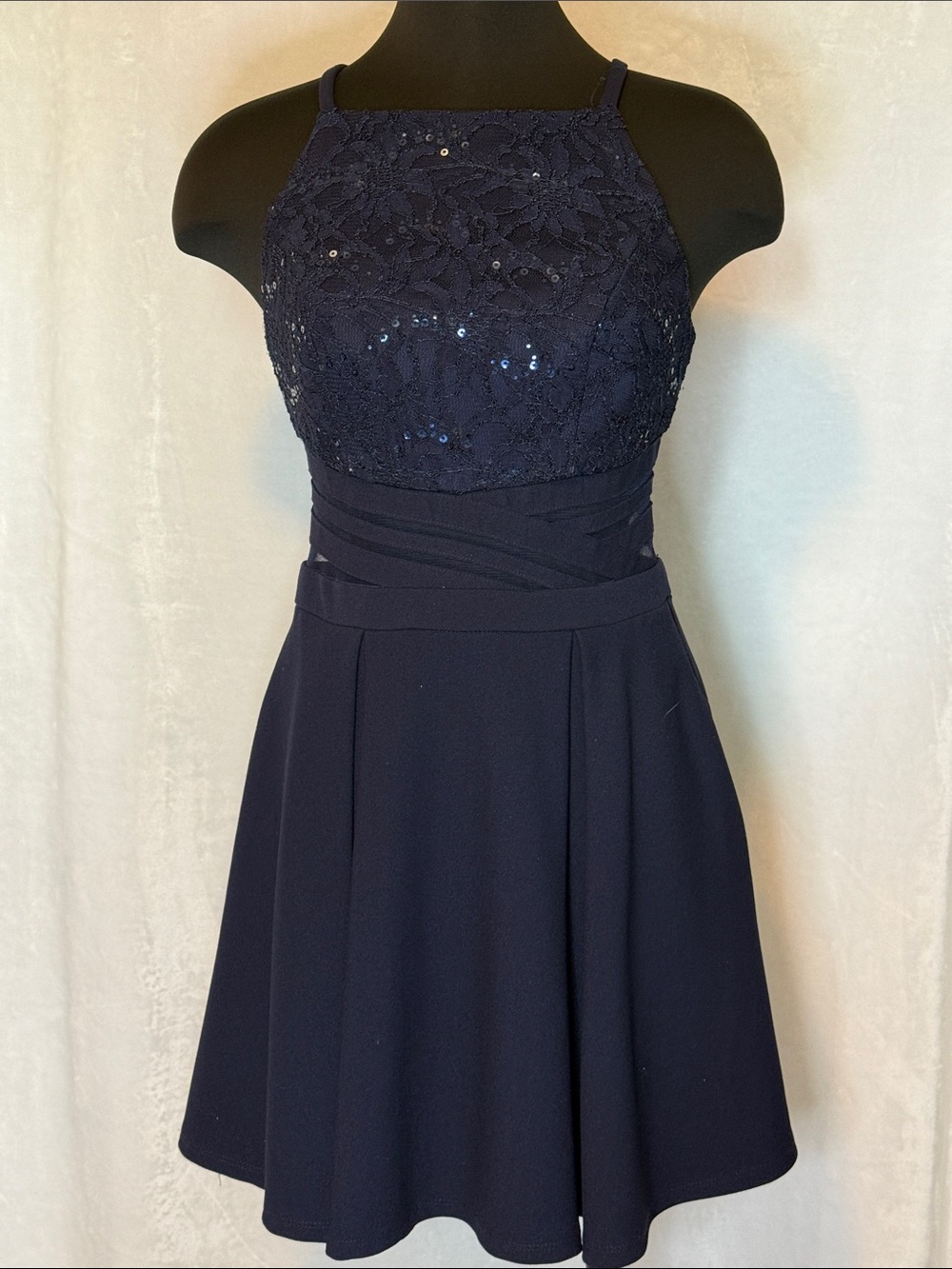 Navy Lace Halter Fit & Flare Dress